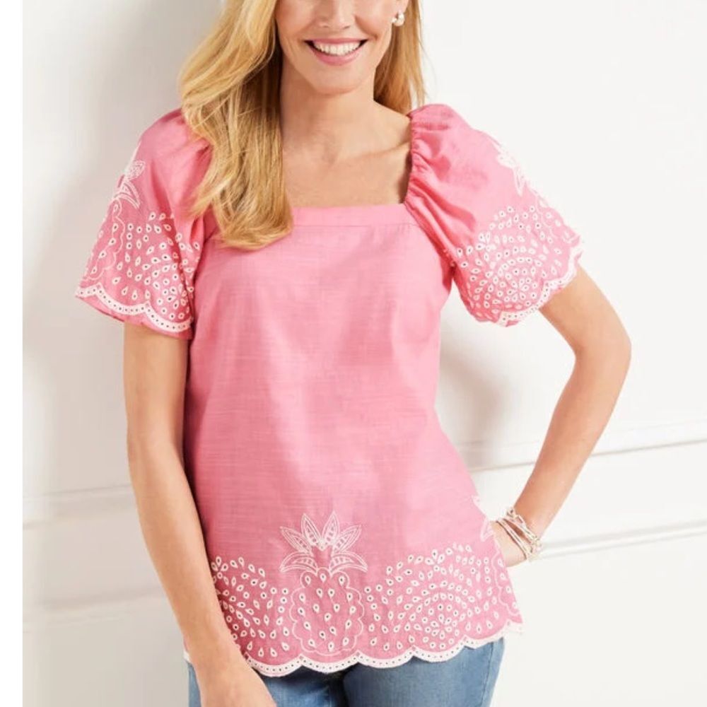 Talbots Linen Blend Puff Sleeve Pineapple Embroidered Square Neck Lace Easter